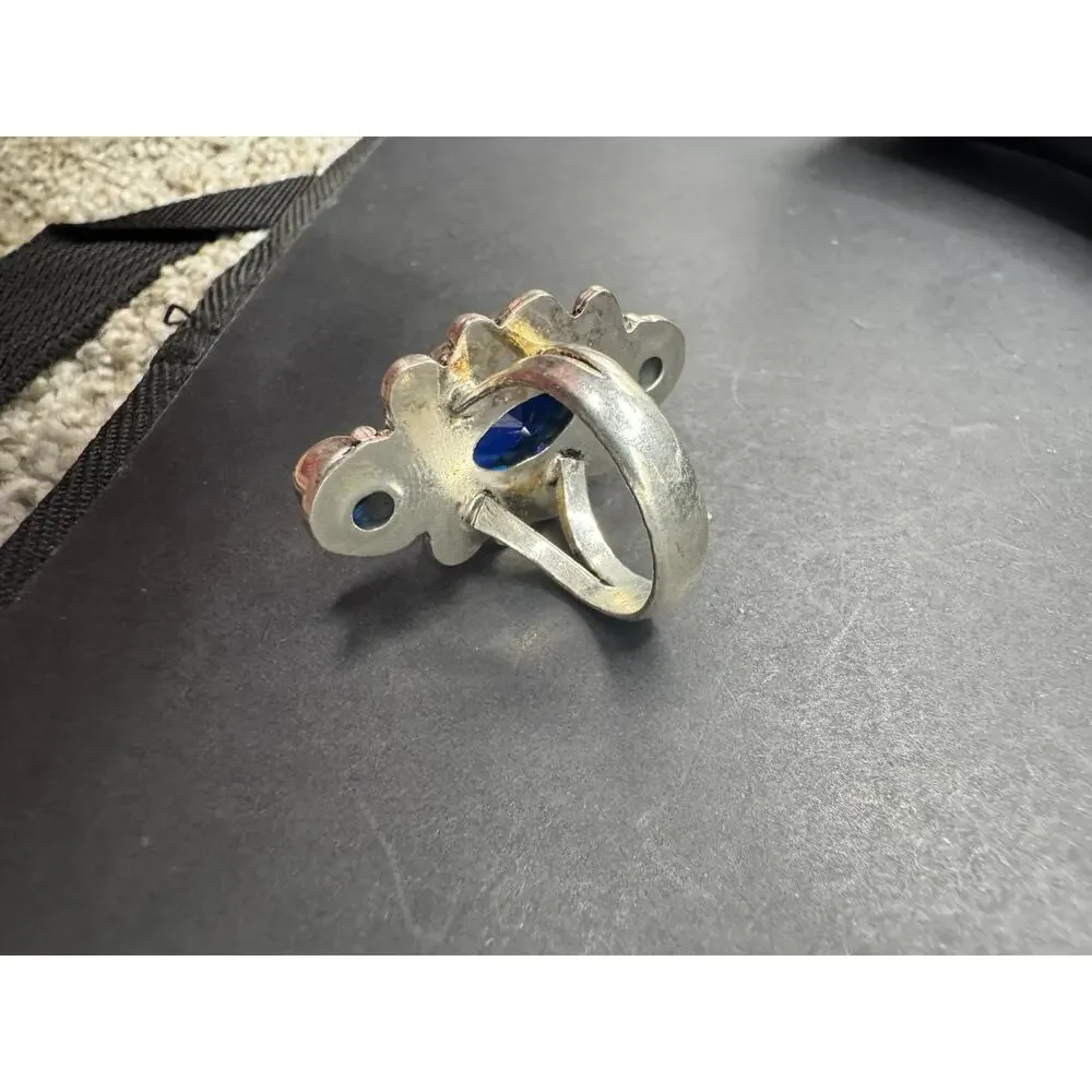 Vtg Blue Sapphire 925 Sterling Silver Jewelry Statement Cocktail Ring Sz 7.5